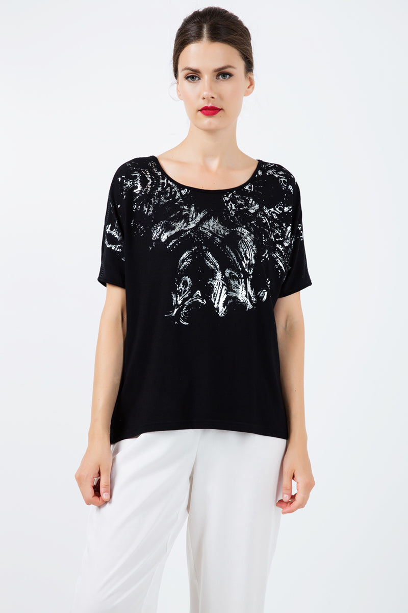 Black Short Sleeve Top with Foil Print