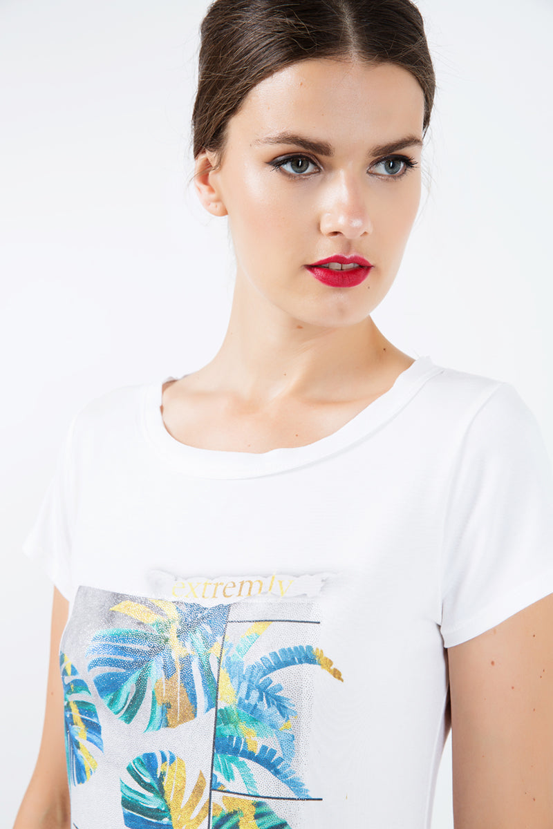 Short Sleeve White Top with Multicoloured Print