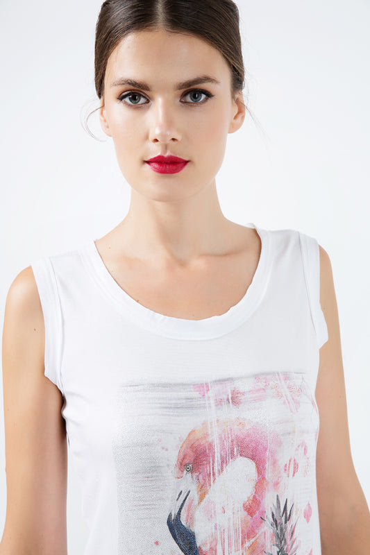 Sleeveless White Top with Multicoloured Print Detail