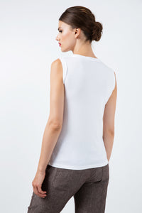 Sleeveless White Top with Multicoloured Print Detail