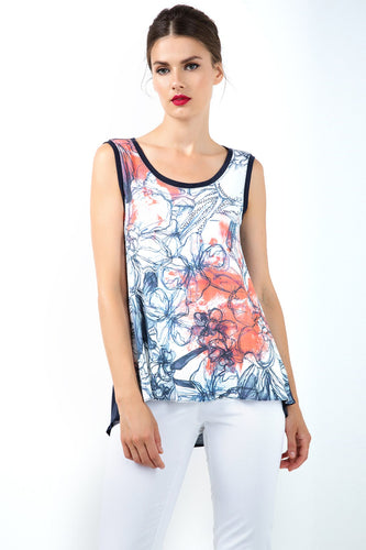 Sleeveless Jersey Top with Multicoloured Print