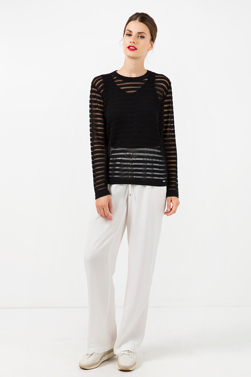 Black Knit Top with Semi Sheer Stripes