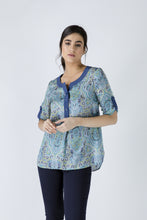 Load image into Gallery viewer, Print Poplin Top with Petrol Blue Trim