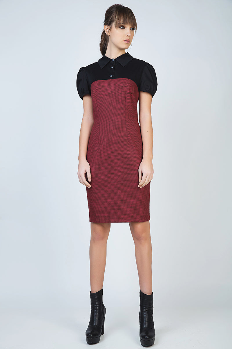 Puff Sleeve Fitted Dress with Button Detail