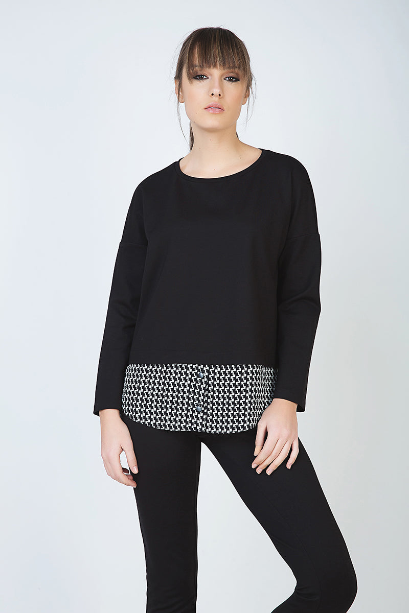 Houndstooth and Button Detail Long Sleeve Top with Optional Shirt Collar by Conquista Fashion