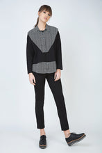 Load image into Gallery viewer, Houndstooth and Button Detail Long Sleeve Top with Optional Shirt Collar by Conquista Fashion