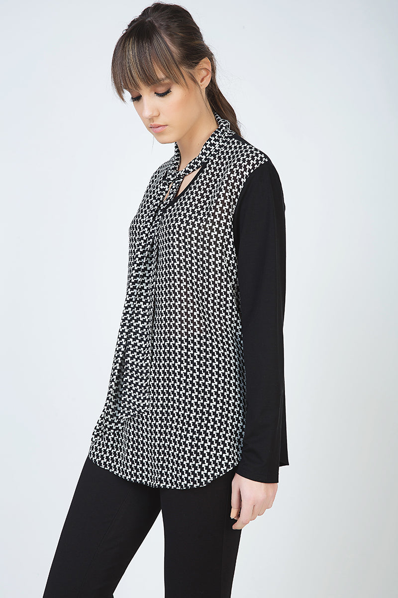 Long Sleeve Print Top with Neck Tie
