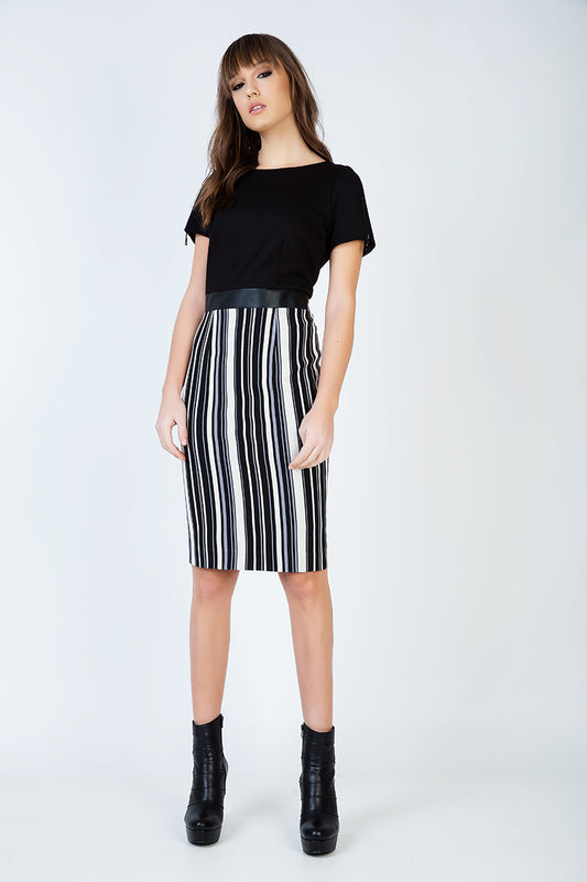 Stripe Detail Straight Dress With Zip & Pleather Detail