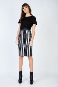 Stripe Detail Straight Dress with Zip and Pleather Detail