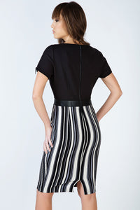Stripe Detail Straight Dress with Zip and Pleather Detail