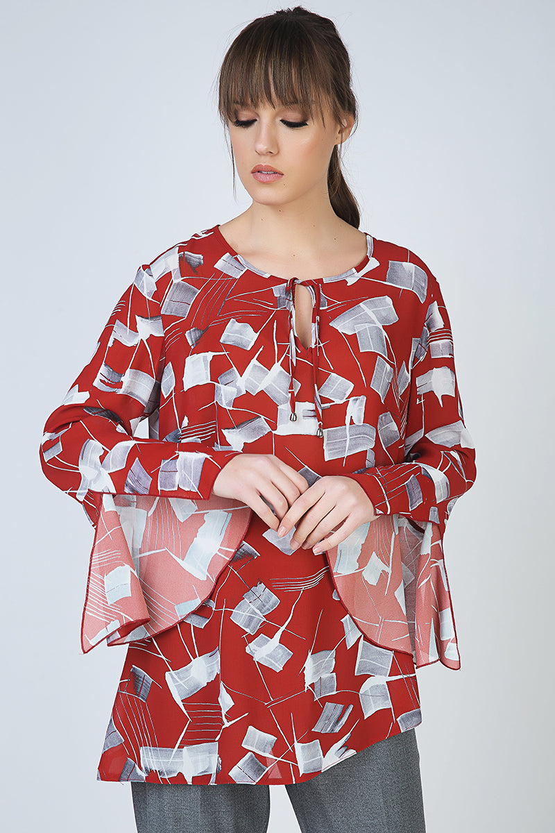 Loose Fit Print Top with Bell Sleeves