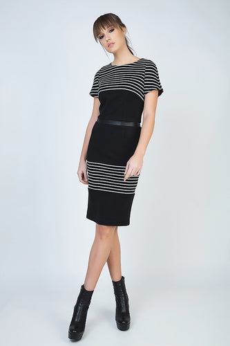 Fitted Lightweight Lined Midi Dress with Stripes and Faux Leather Detail