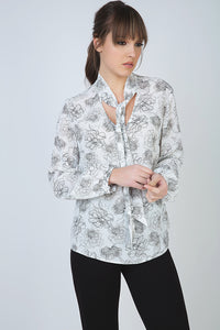 White Floral Viscose Blouse with Cutaway Collar