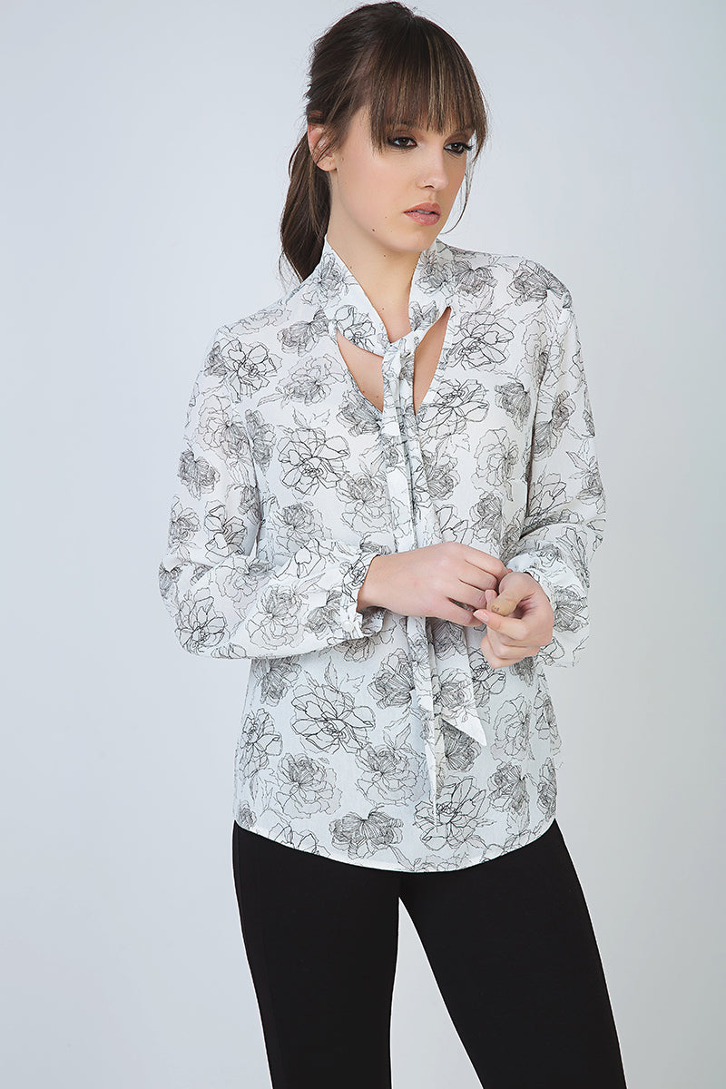 White Floral Viscose Blouse with Cutaway Collar