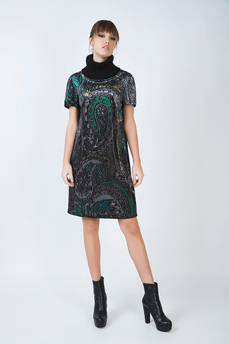 Turtleneck A Line Print Dress