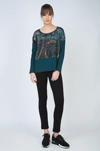 Women's Exotic Print Viscose-Blend Jersey Top with Contrasting Elastane Panels