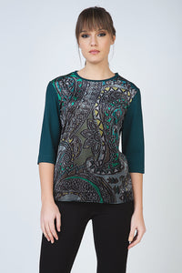 Contemporary Duo-Texture Top with Paisley Print and Solid Sleeves