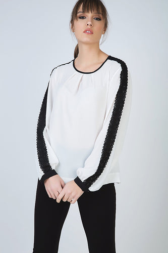 Contrast Ecru Top with Long Sleeves with Lace Detail and Button Fastening at the Nape by Conquista Fashion