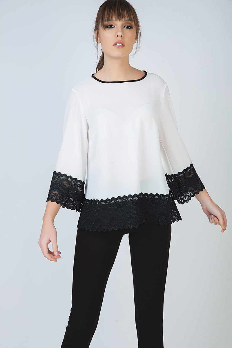 Loose Fit Ecru Top with Black Lace Detail