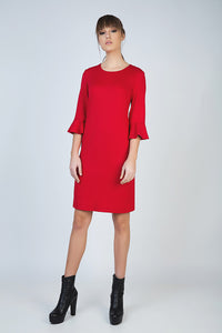 Sleeve Detail Red Dress in Stretch Punto di Roma Fabric