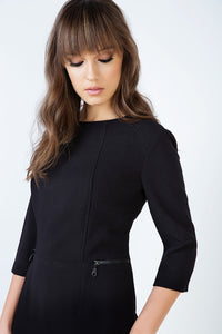 Fitted Black Pocket Detail Dress in Crepe Fabric