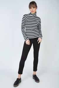 Striped Black and Grey Polo Neck Jumper
