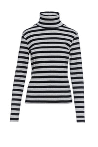 Striped Black and Grey Polo Neck Top Black