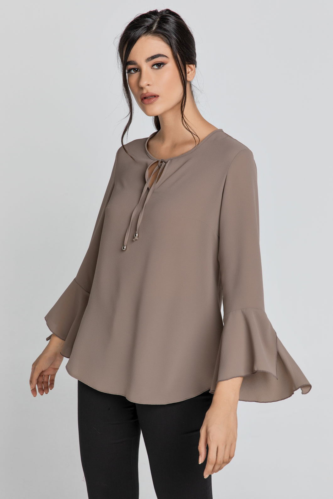 Iron Brown Flounce Sleeve Top by Conquista