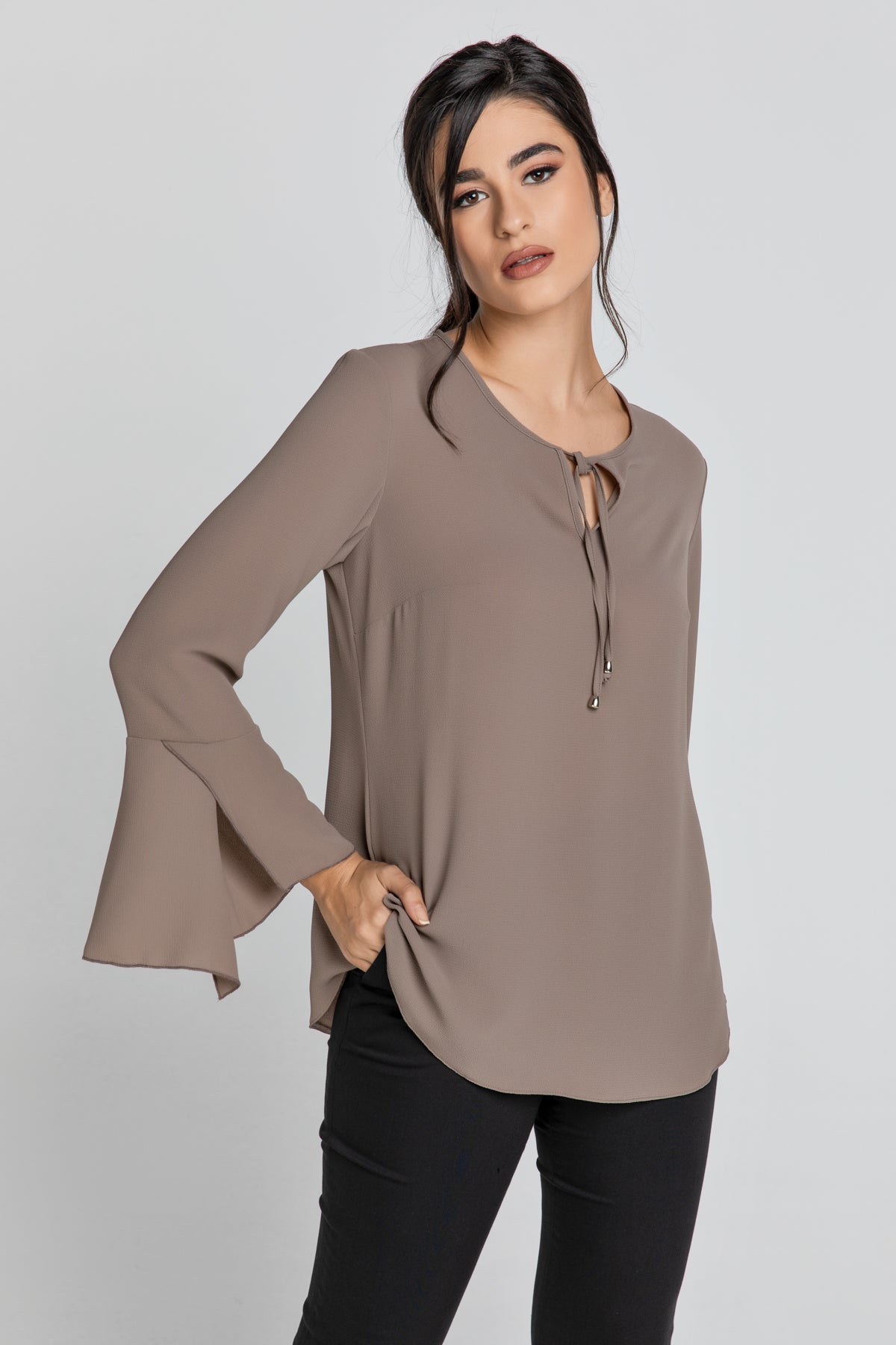 Iron Brown Flounce Sleeve Top by Conquista
