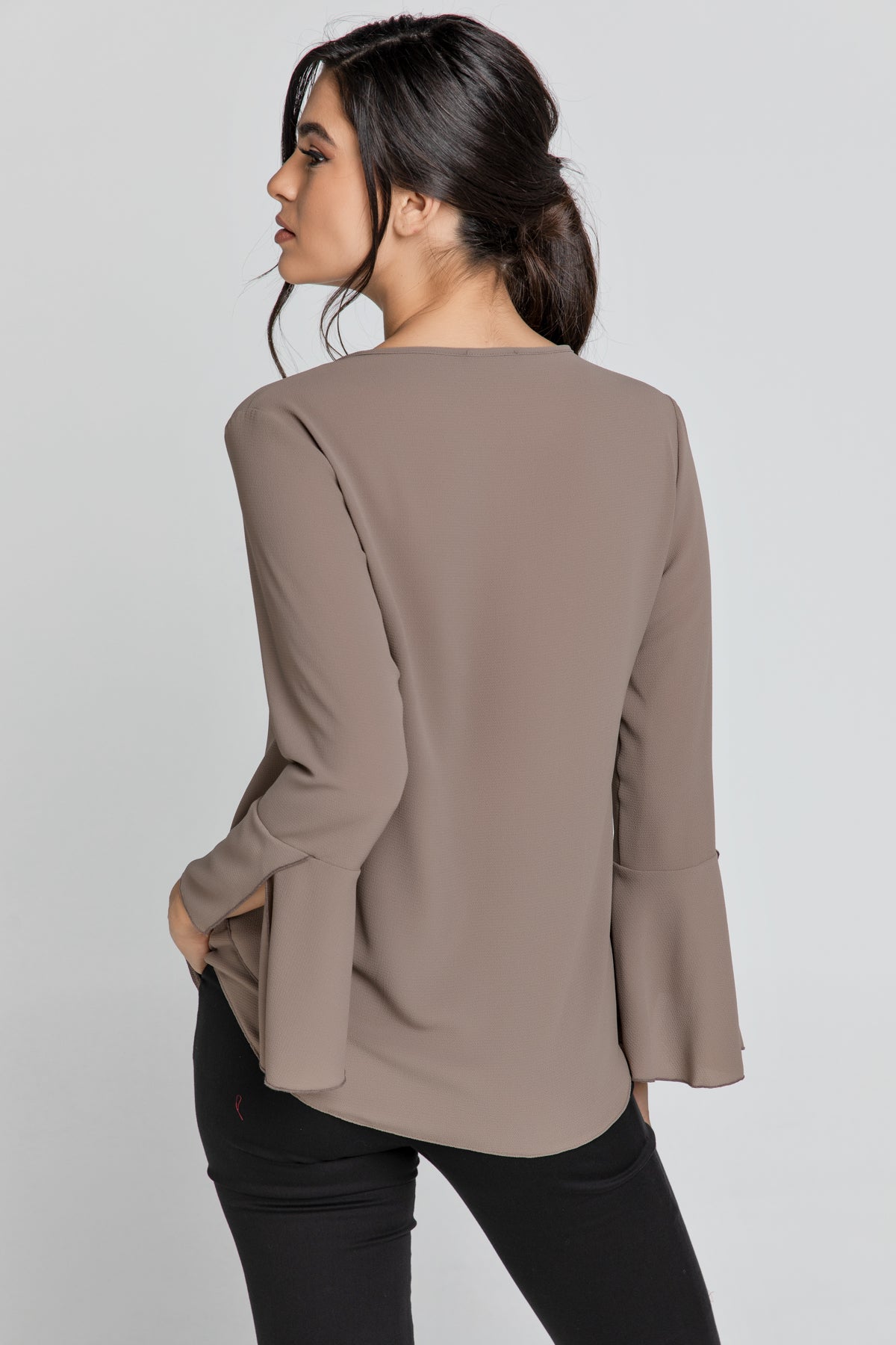 Iron Brown Flounce Sleeve Top by Conquista