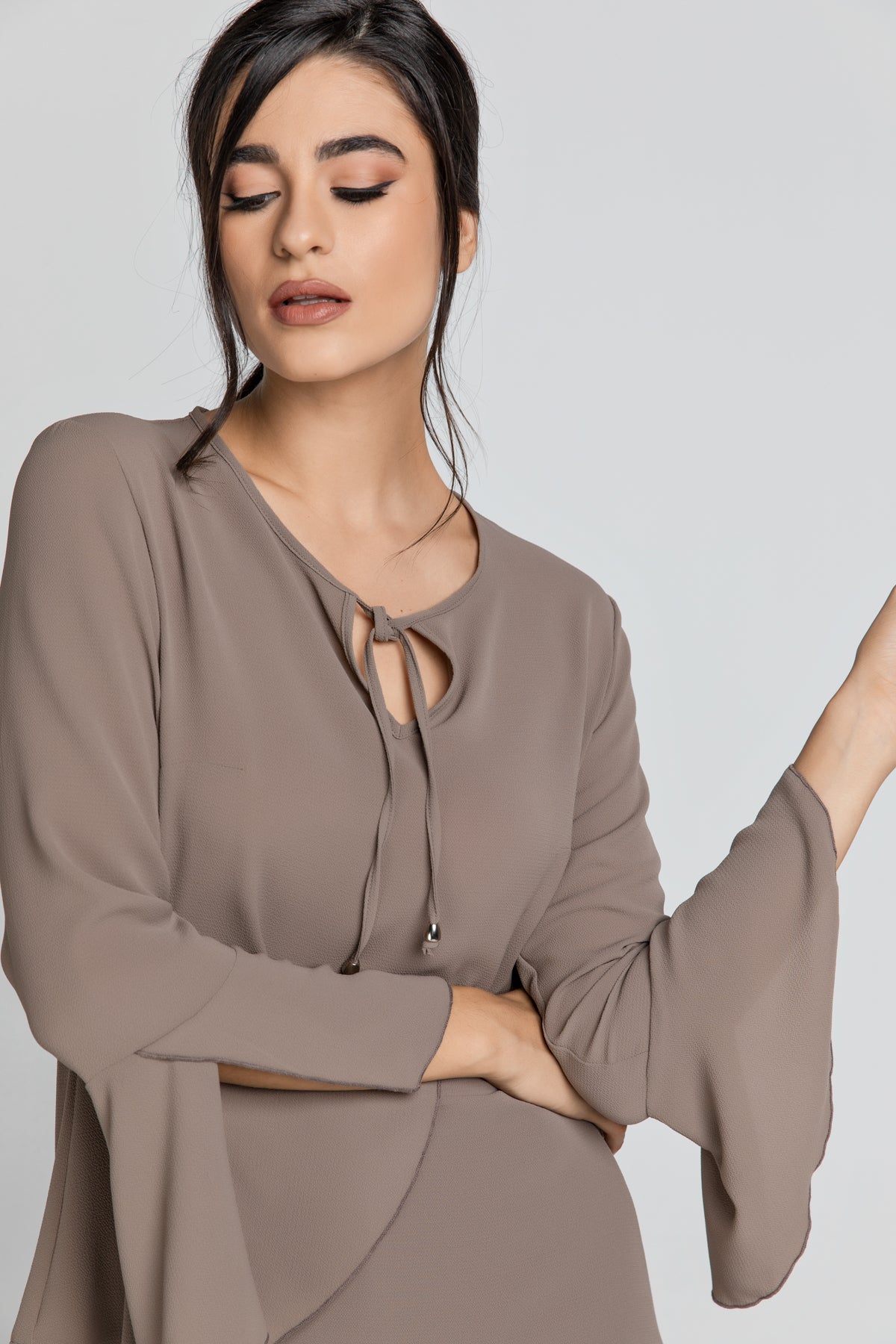 Iron Brown Flounce Sleeve Top by Conquista