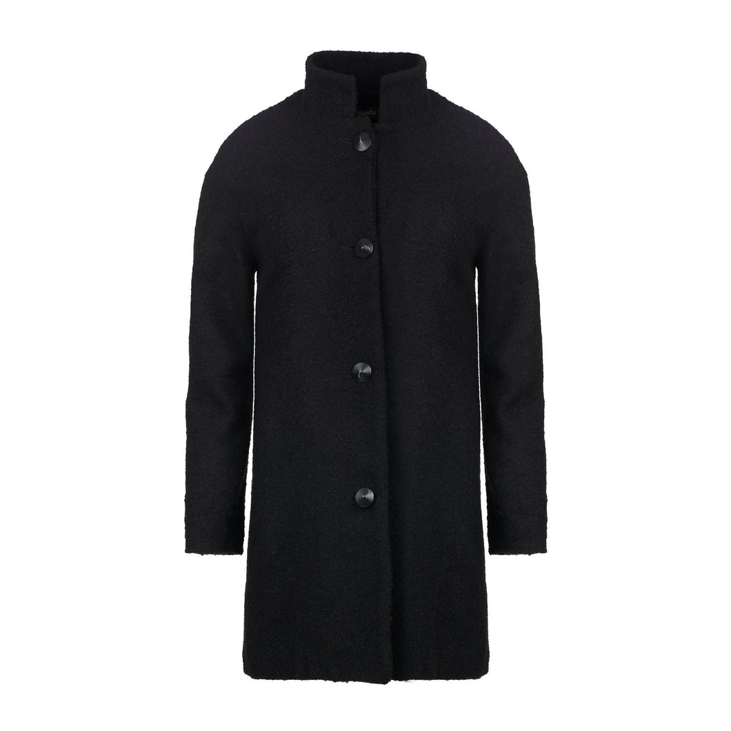 Black Boucle Zip Up Coat with Round Neckline