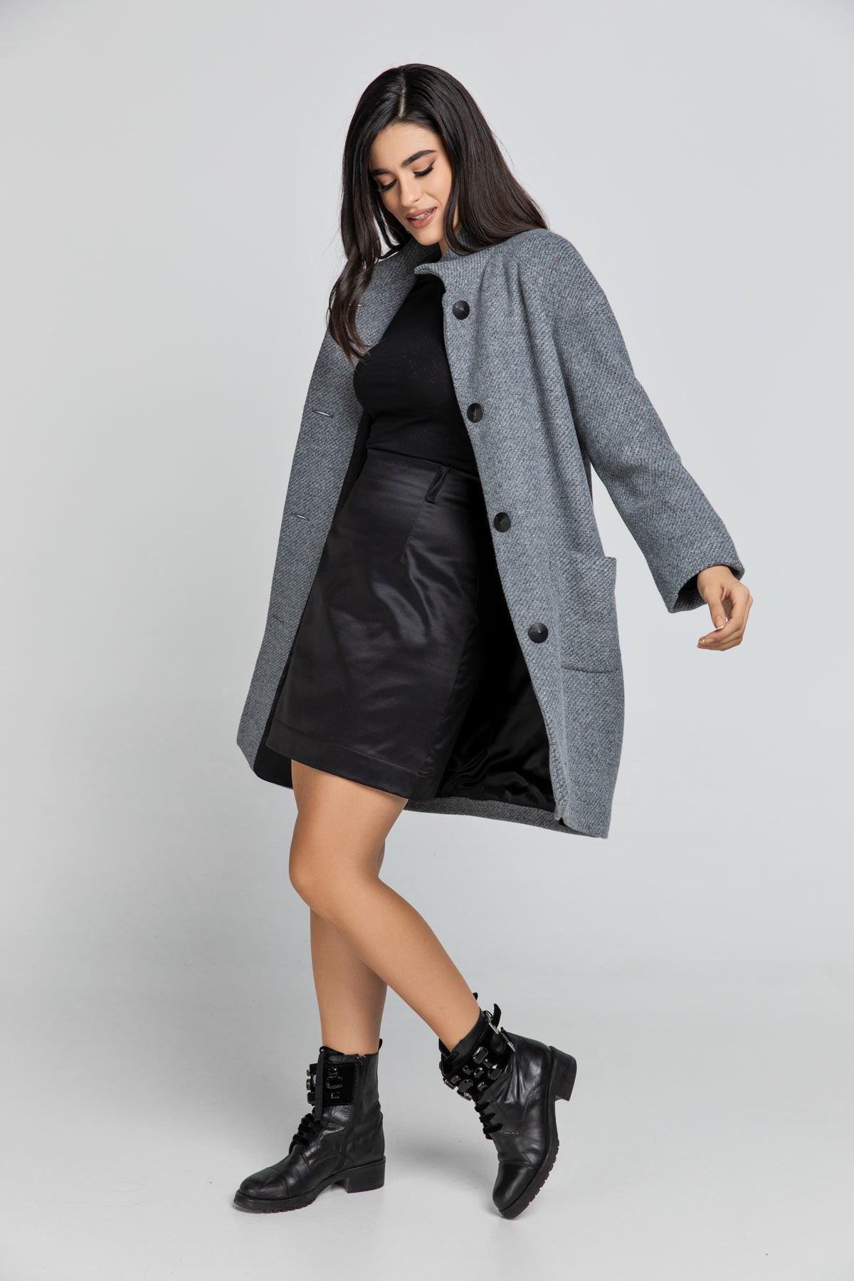Γκρι παλτό από μείγμα μαλλιού από την Conquista Fashion