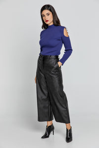 Black Faux Leather Culottes by Conquista Fashion
