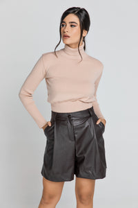 Brown Faux Leather Bermuda Shorts by Conquista Fashion