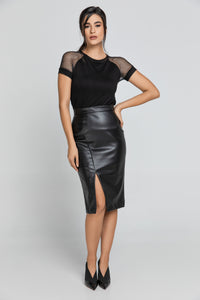 Black Faux Leather Pencil Skirt by Conquista Fashion