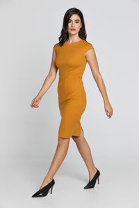 Fitted Mustard Dress with Cap Sleeves