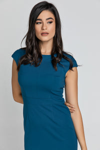 Fitted Petrol Blue Dress with Cap Sleeves by Conquista.