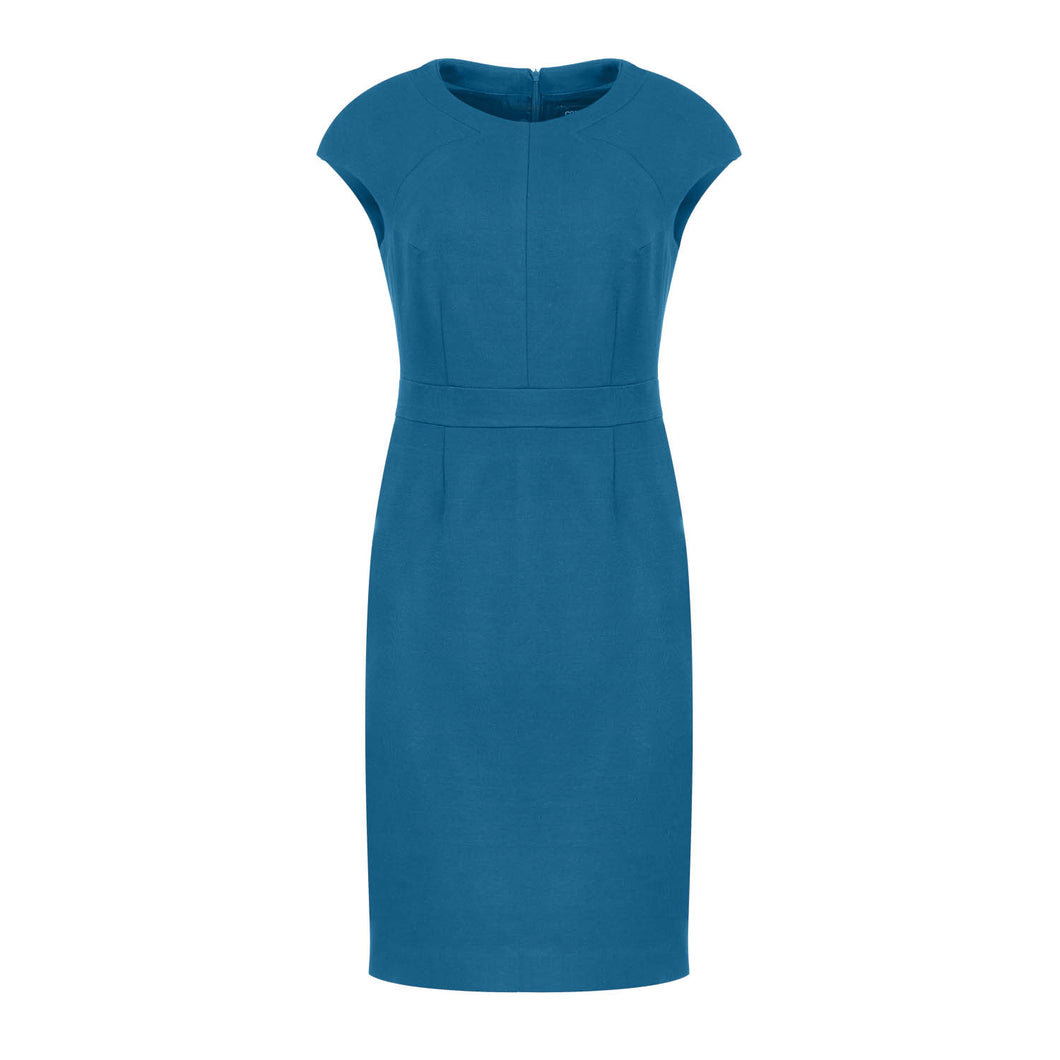 Fitted Petrol Blue Dress with Cap Sleeves by Conquista.