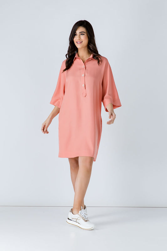 Conquista Φόρεμα Mini Casual Μακρυμάνικο Με Κουμπιά Μονόχρωμο Κοραλί C191-001-81