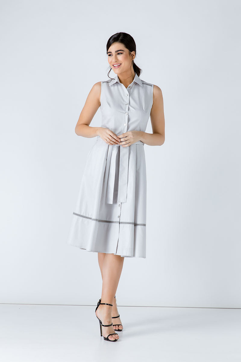 Conquista Φόρεμα Midi Casual Αμάνικο Με Ζώνη Μονόχρωμο Γκρι C191-044-02