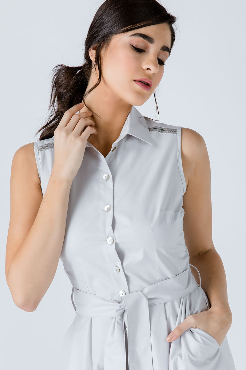 Conquista Φόρεμα Midi Casual Αμάνικο Με Ζώνη Μονόχρωμο Γκρι C191-044-02