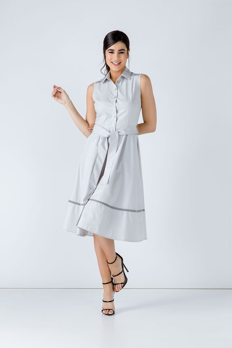 Conquista Φόρεμα Midi Casual Αμάνικο Με Ζώνη Μονόχρωμο Γκρι C191-044-02