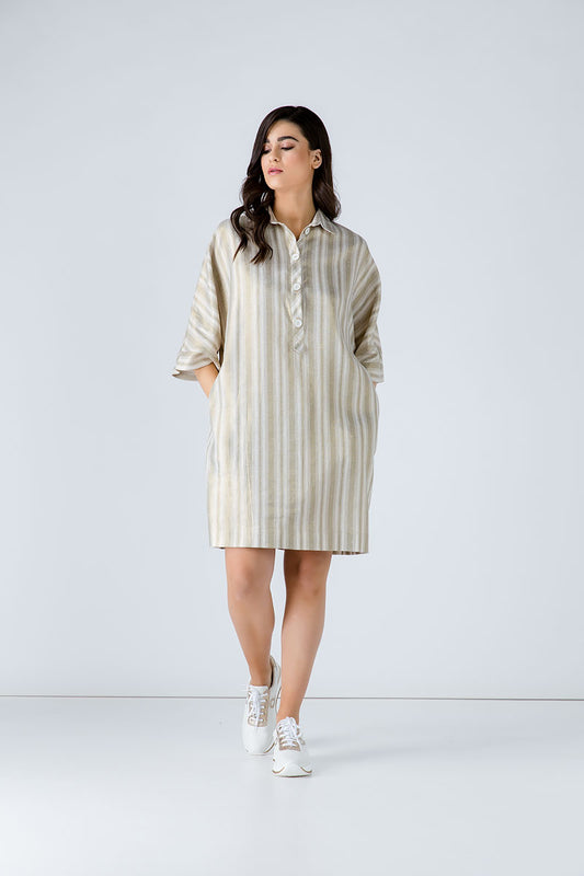 Conquista Φόρεμα Mini Casual Κοντομάνικο Με Γιακά & Κουμπιά Ριγέ Μπεζ C191-075-88