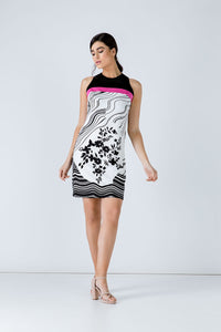 A Line Black Print Dress With Fuchsia Strip