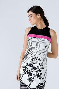 A Line Black Print Dress With Fuchsia Strip