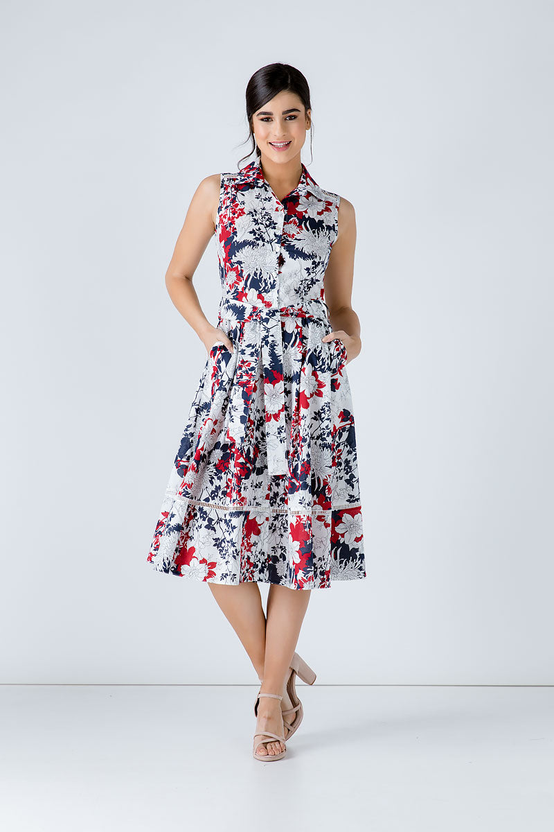 Conquista Φόρεμα Mini Casual Αμάνικο Με Γιακά & Ζώνη Floral Πολύχρωμο C191-125-41