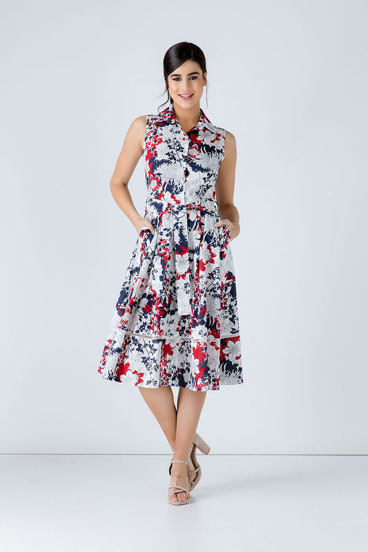 Conquista Φόρεμα Mini Casual Αμάνικο Με Γιακά & Ζώνη Floral Πολύχρωμο C191-125-41