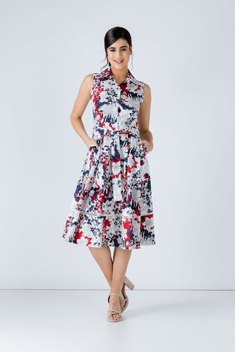 Navy Floral Print Dress with Belt