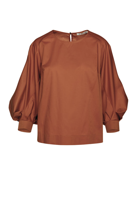 Chocolate Top with Bishop Sleeves in sustainable fabric.
